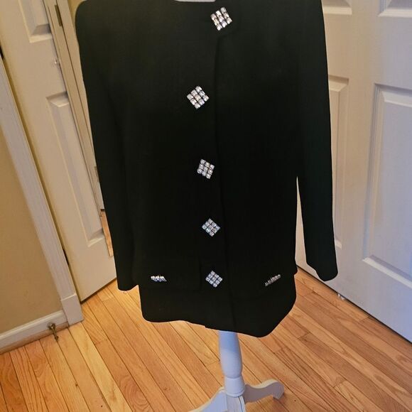 VINTAGE LUXURY BLACK JACKET W/ SQUARE RHINESTONE BUTTONS - Picture 7 of 8